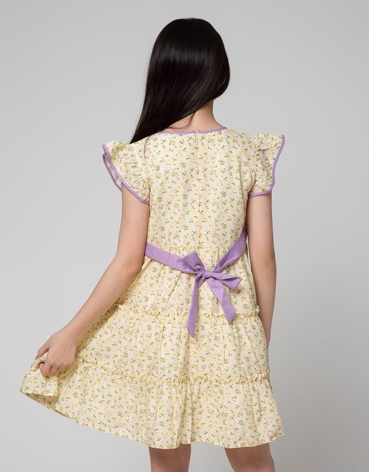 Sweet Miss Short Sleeve Midi Dress Fullprint Bunga Tangan Geber Pinggang Pita