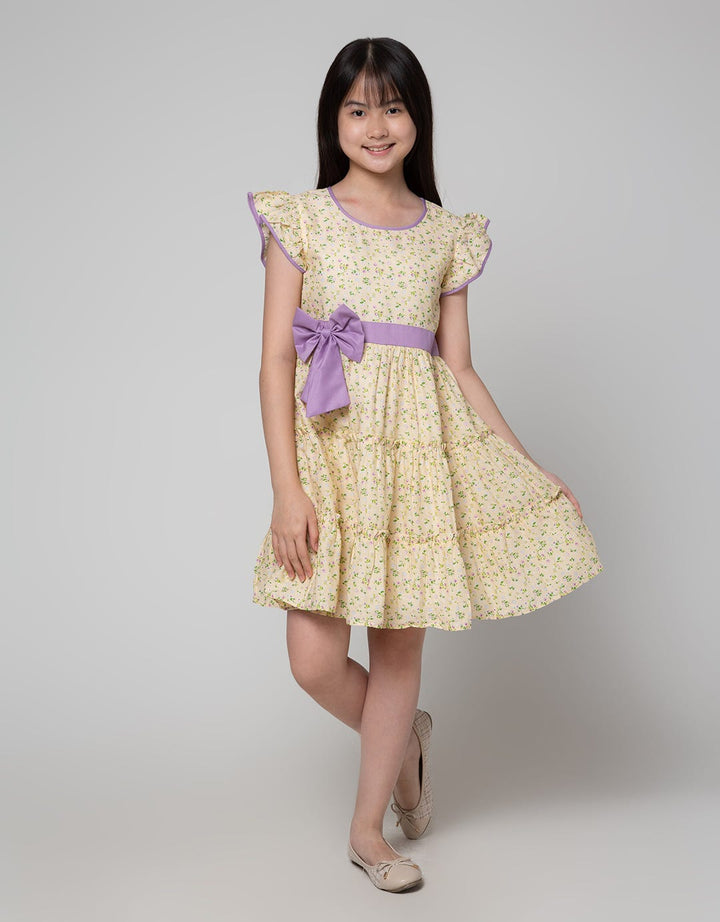 Sweet Miss Short Sleeve Midi Dress Fullprint Bunga Tangan Geber Pinggang Pita