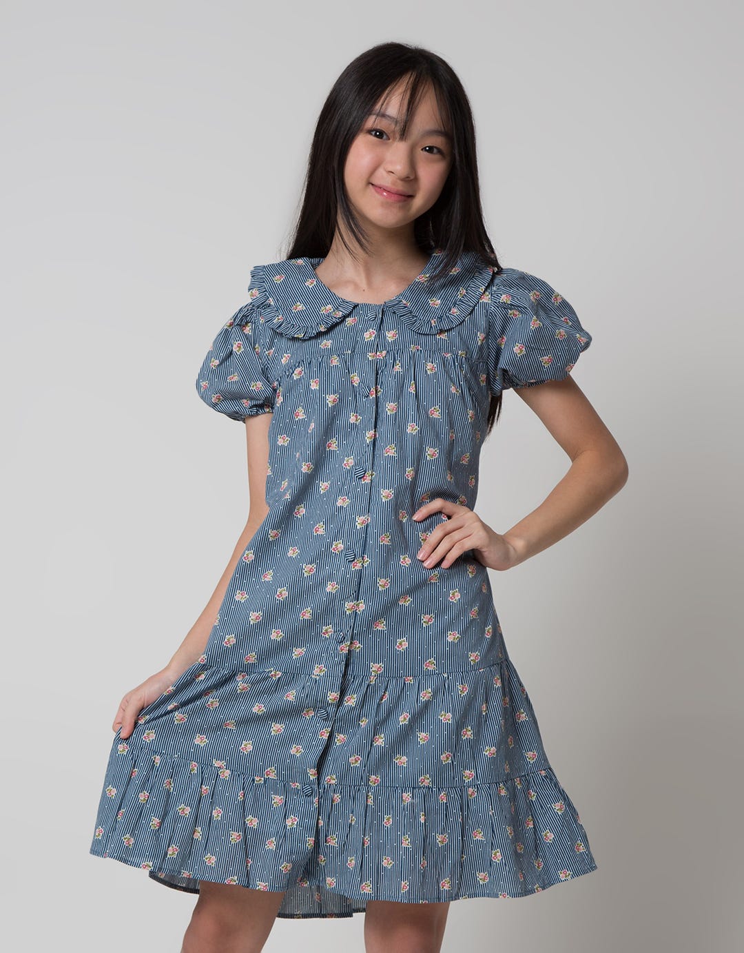 Sweet Miss Short Sleeve Midi Dress Babydoll Collar Ruffle Button