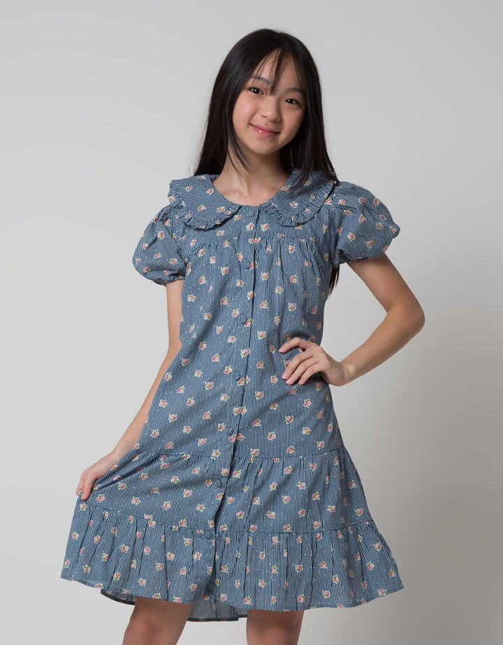 Sweet Miss Short Sleeve Midi Dress Babydoll Collar Ruffle Button