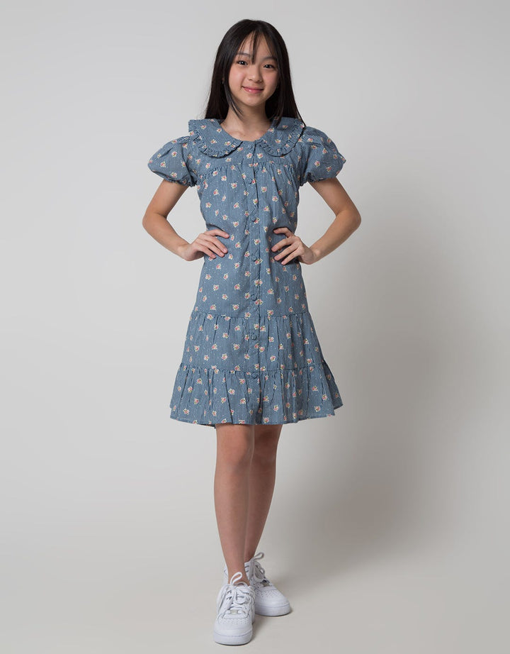 Sweet Miss Short Sleeve Midi Dress Babydoll Collar Ruffle Button