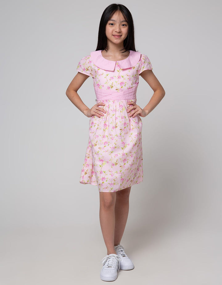 Sweet Miss Short Sleeve Midi Dress Bunga Kerah Pinggang Lipit