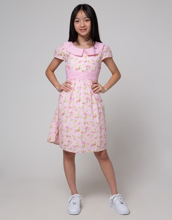 Sweet Miss Short Sleeve Midi Dress Bunga Kerah Pinggang Lipit