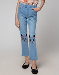 Aero Denim Long Pants Embroidered Panda Ribbon