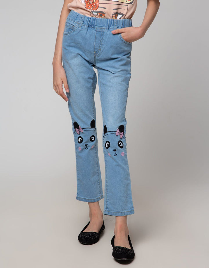 Aero Denim Long Pants Embroidered Panda Ribbon