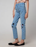 Aero Denim Long Pants Embroidered Panda Ribbon