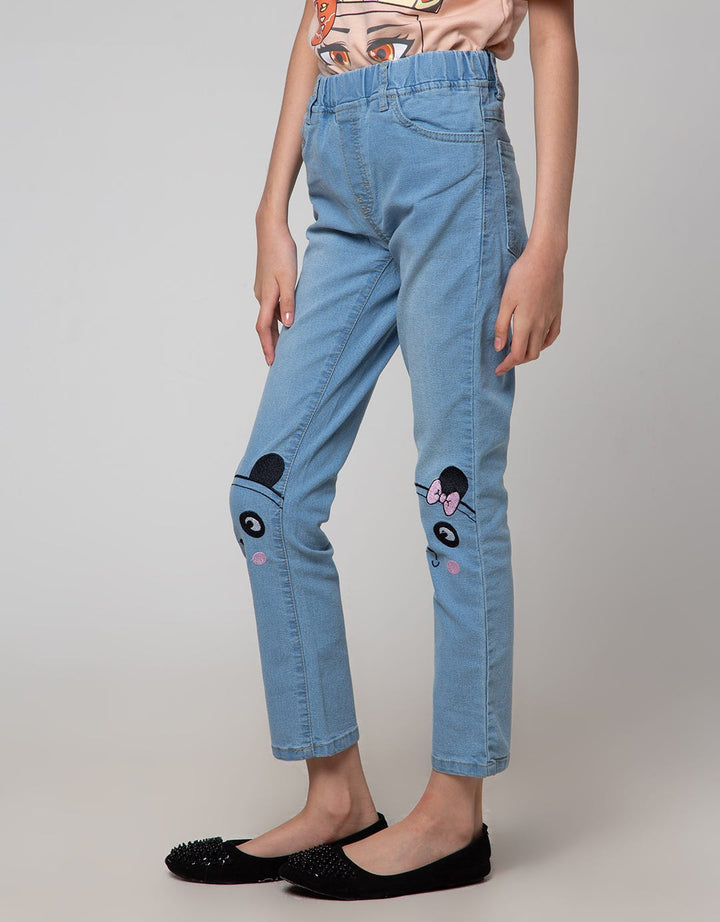 Aero Denim Long Pants Embroidered Panda Ribbon