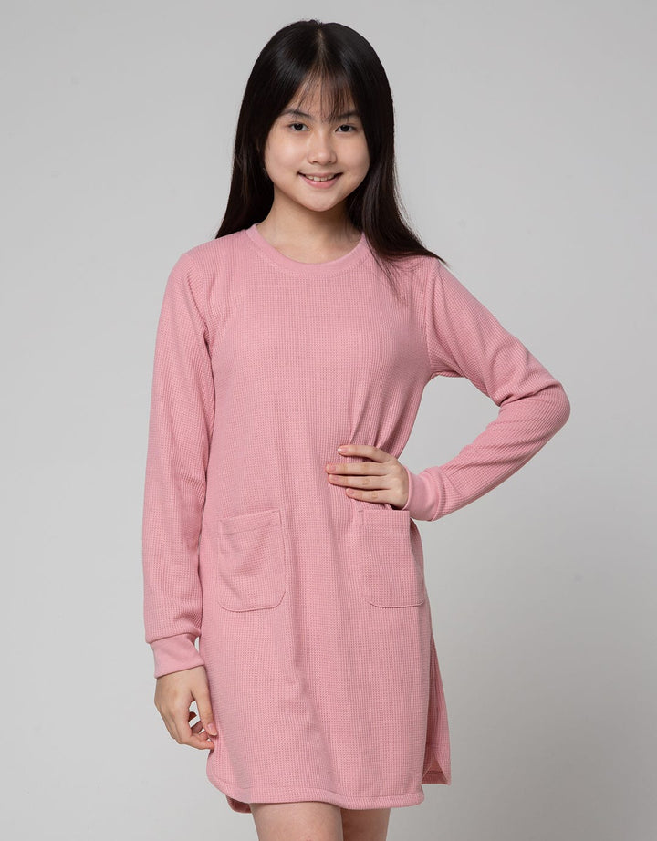Nevada Long Sleeve Midi Dress Waffle Fabric With Pocket