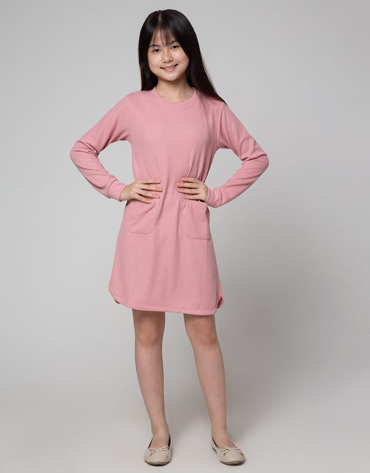Nevada Long Sleeve Midi Dress Waffle Fabric With Pocket