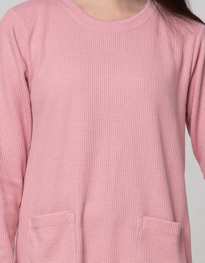 Nevada Long Sleeve Midi Dress Waffle Fabric With Pocket