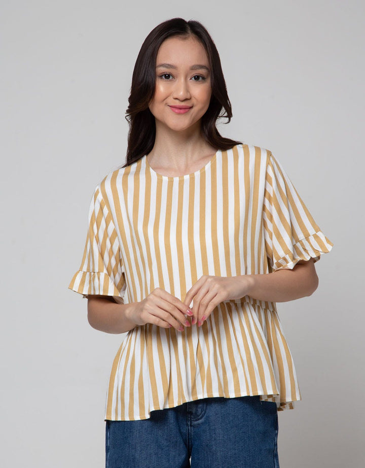 Connexion Short Sleeve Shirt Ruffle Rayon Twill Stripes