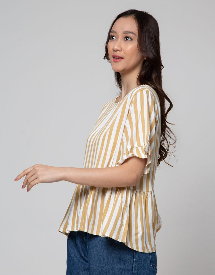 Connexion Short Sleeve Shirt Ruffle Rayon Twill Stripes