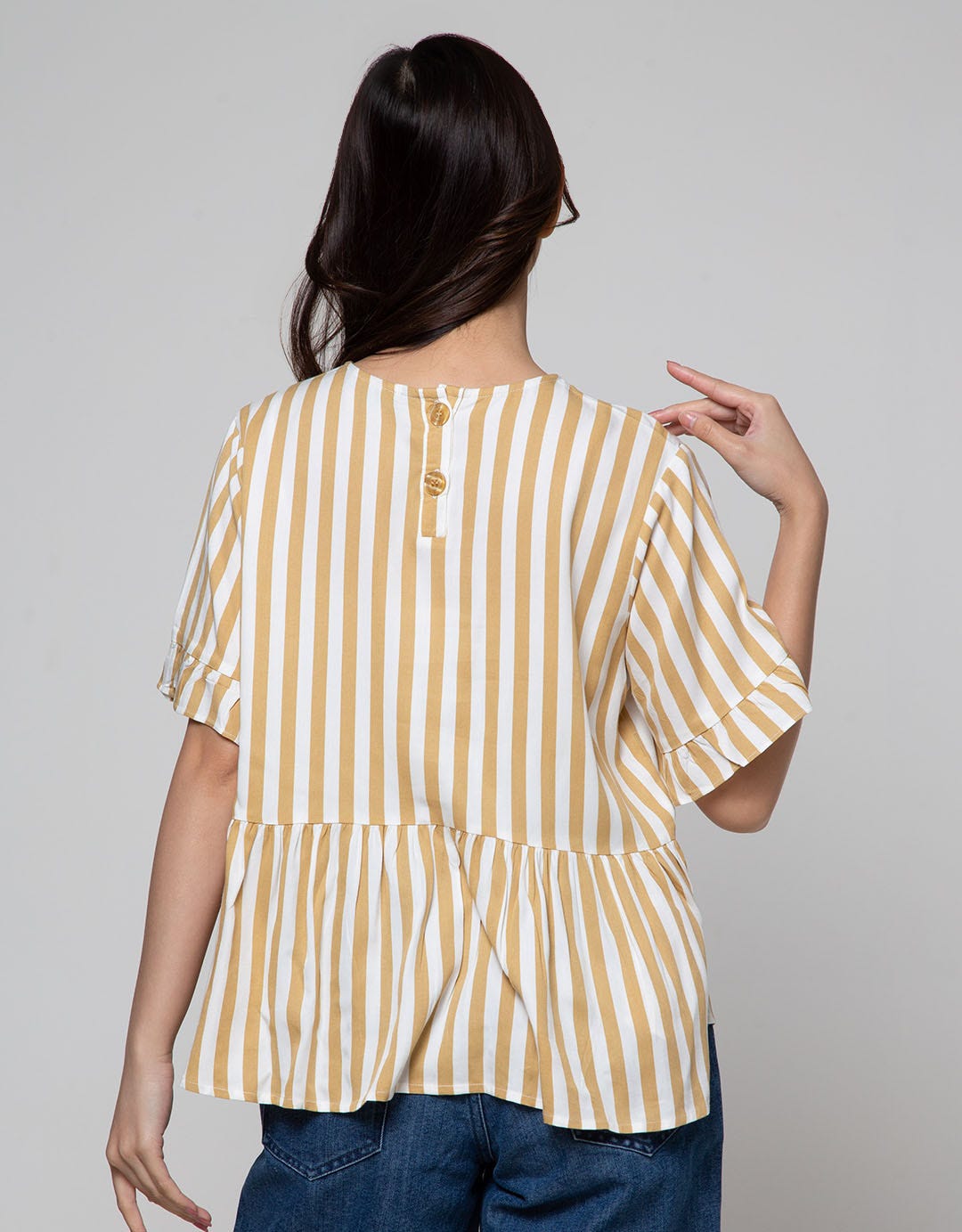Connexion Short Sleeve Shirt Ruffle Rayon Twill Stripes