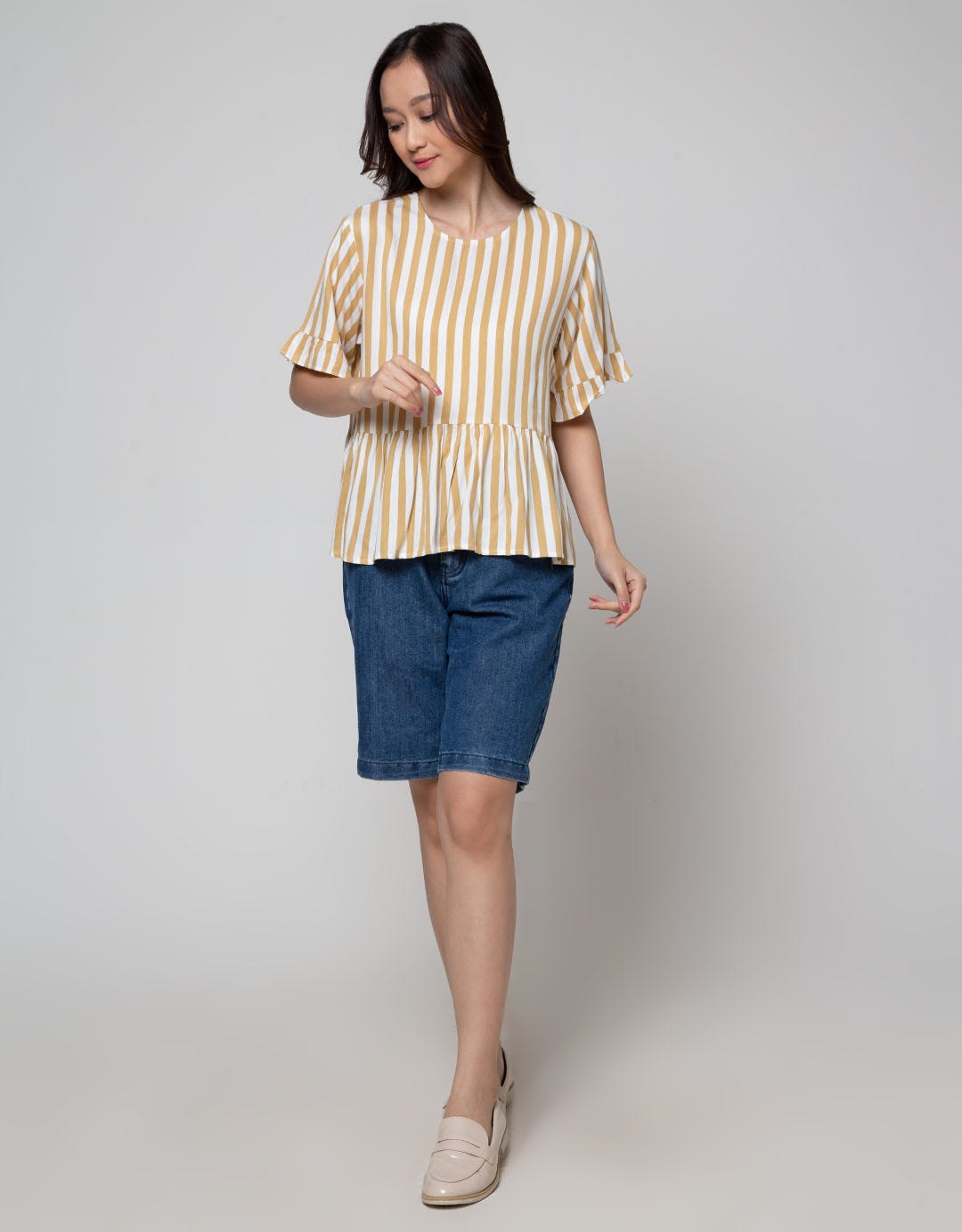 Connexion Short Sleeve Shirt Ruffle Rayon Twill Stripes