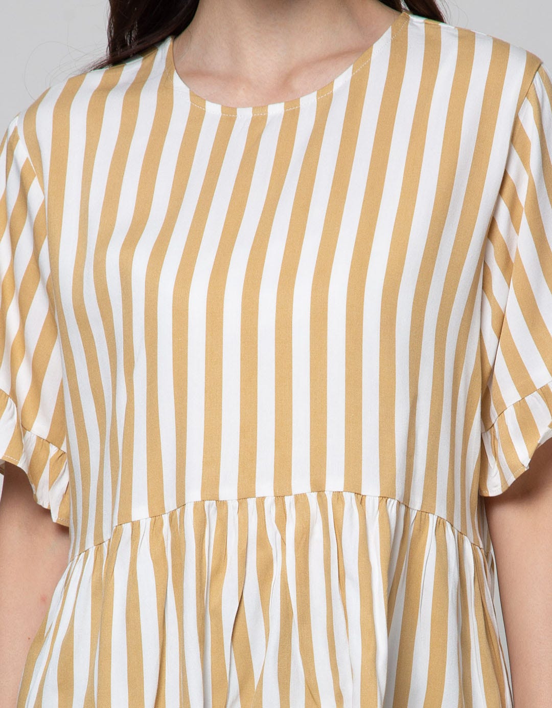Connexion Short Sleeve Shirt Ruffle Rayon Twill Stripes