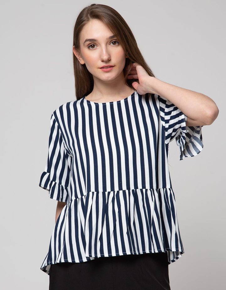 Connexion Short Sleeve Shirt Ruffle Rayon Twill Stripes