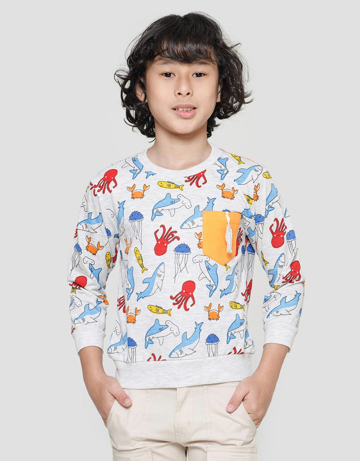 Little M Sweater Anak Laki-laki Print Ikan Kantong Gantung