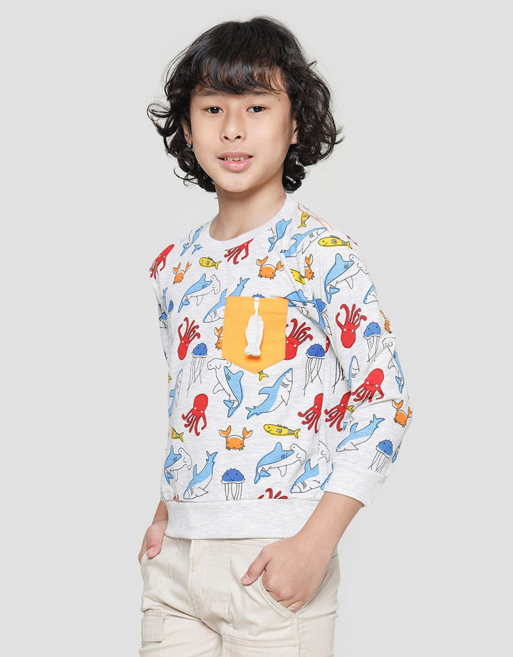 Little M Sweater Anak Laki-laki Print Ikan Kantong Gantung