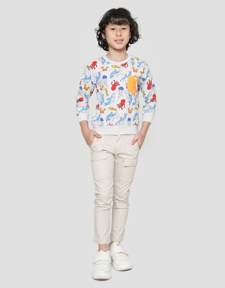 Little M Sweater Anak Laki-laki Print Ikan Kantong Gantung