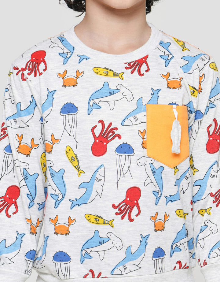 Little M Sweater Anak Laki-laki Print Ikan Kantong Gantung