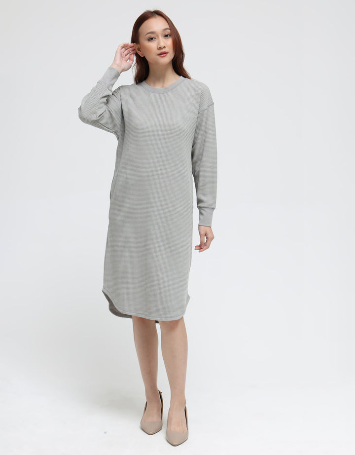 Suko Gaun Waffle Knit Dress Kerah Bulat Lengan Panjang