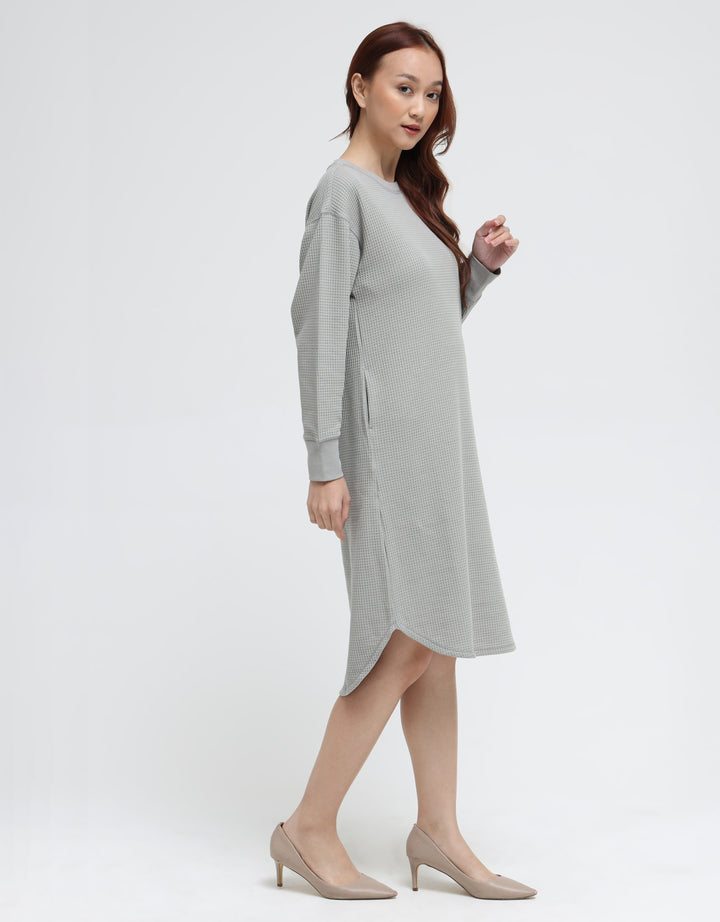 Suko Gaun Waffle Knit Dress Kerah Bulat Lengan Panjang