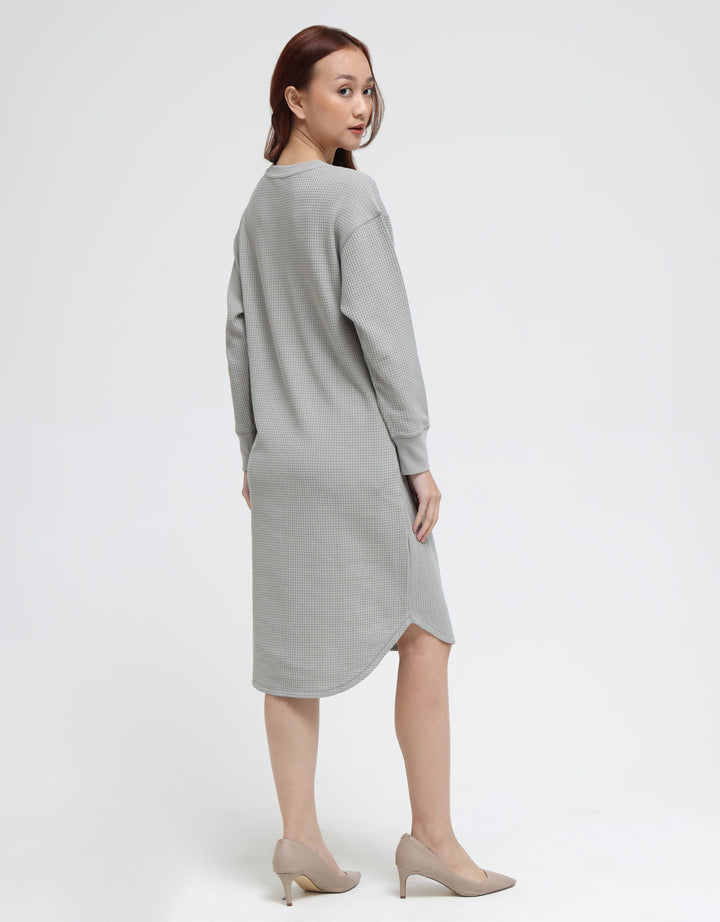 Suko Gaun Waffle Knit Dress Kerah Bulat Lengan Panjang