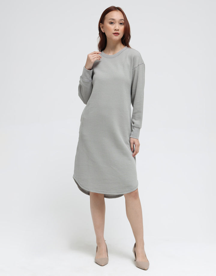 Suko Gaun Waffle Knit Dress Kerah Bulat Lengan Panjang