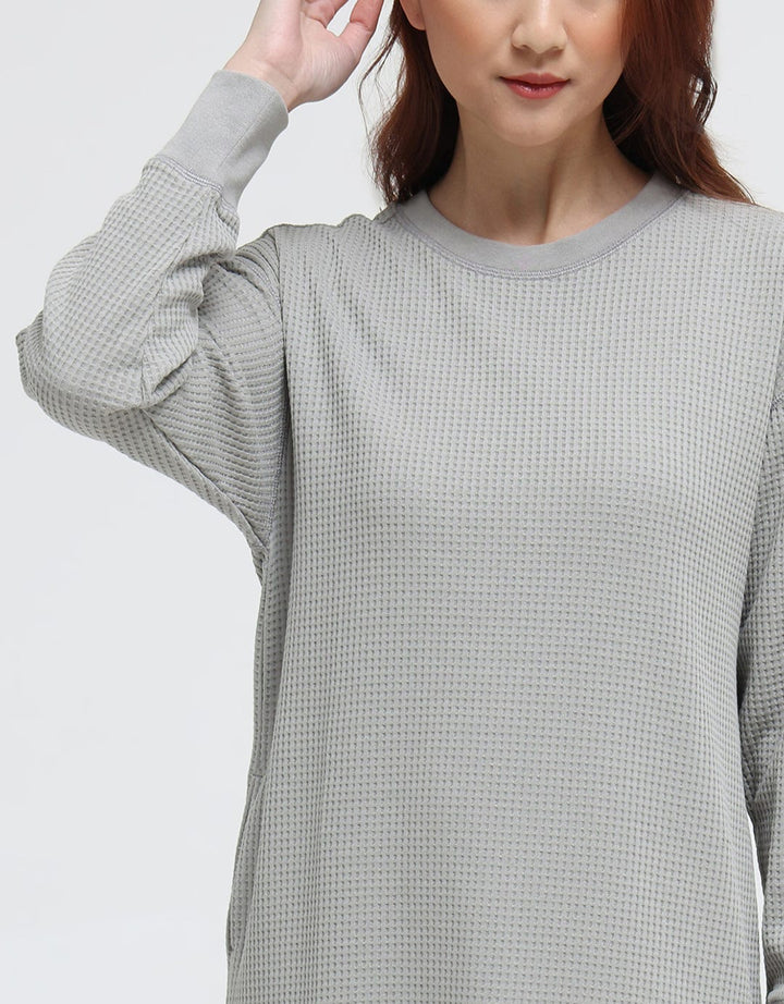 Suko Gaun Waffle Knit Dress Kerah Bulat Lengan Panjang
