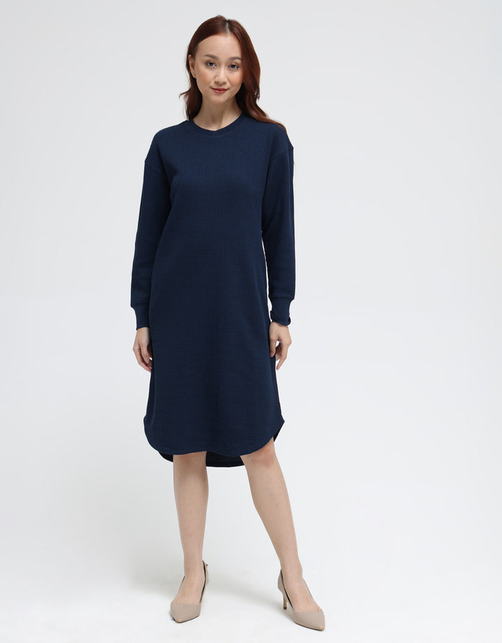 Suko Gaun Waffle Knit Dress Kerah Bulat Lengan Panjang