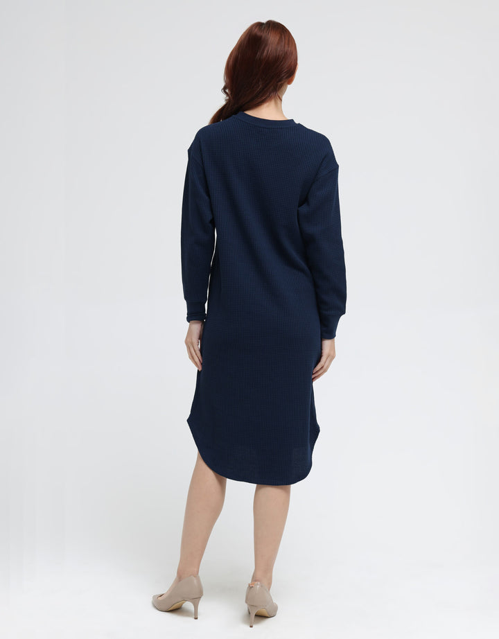 Suko Gaun Waffle Knit Dress Kerah Bulat Lengan Panjang