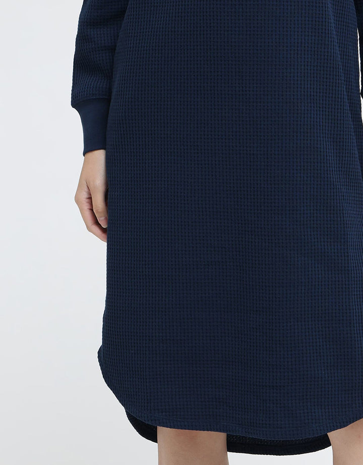 Suko Gaun Waffle Knit Dress Kerah Bulat Lengan Panjang