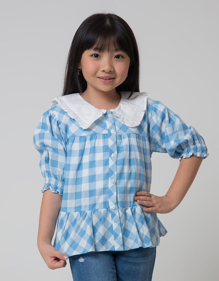 Little M Short Sleeve Blouse Balloon Sleeves Checked