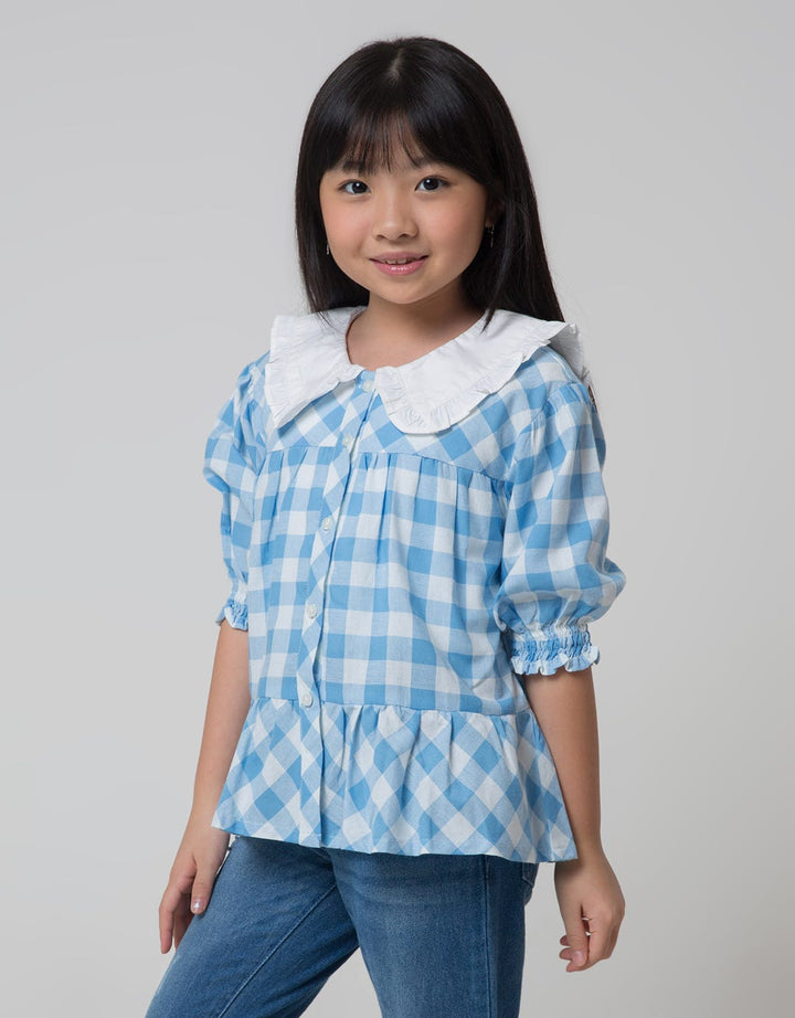 Little M Short Sleeve Blouse Balloon Sleeves Checked