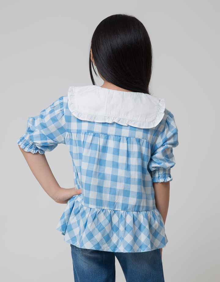 Little M Short Sleeve Blouse Balloon Sleeves Checked