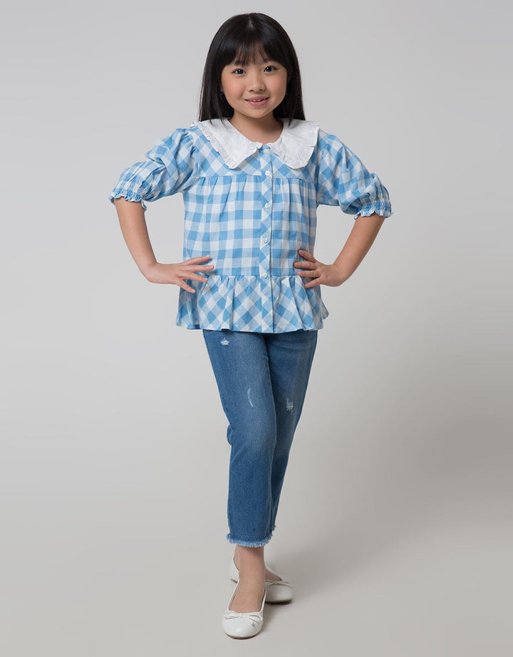 Little M Short Sleeve Blouse Balloon Sleeves Checked