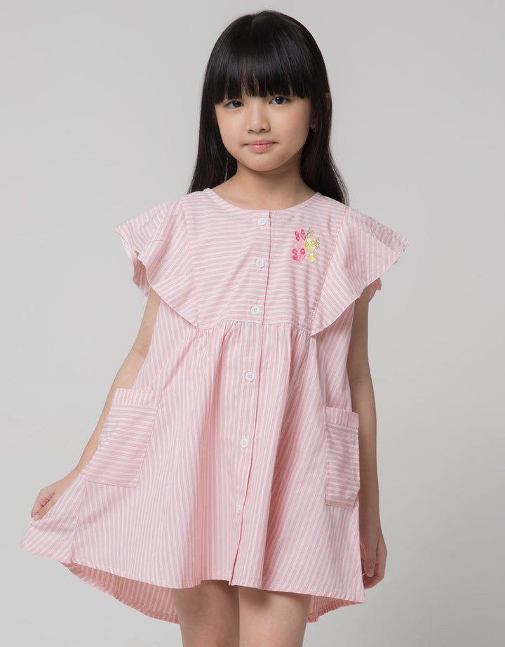 Little M Short Sleeve Midi Dress Ruffle Stripe Floral Embroidery