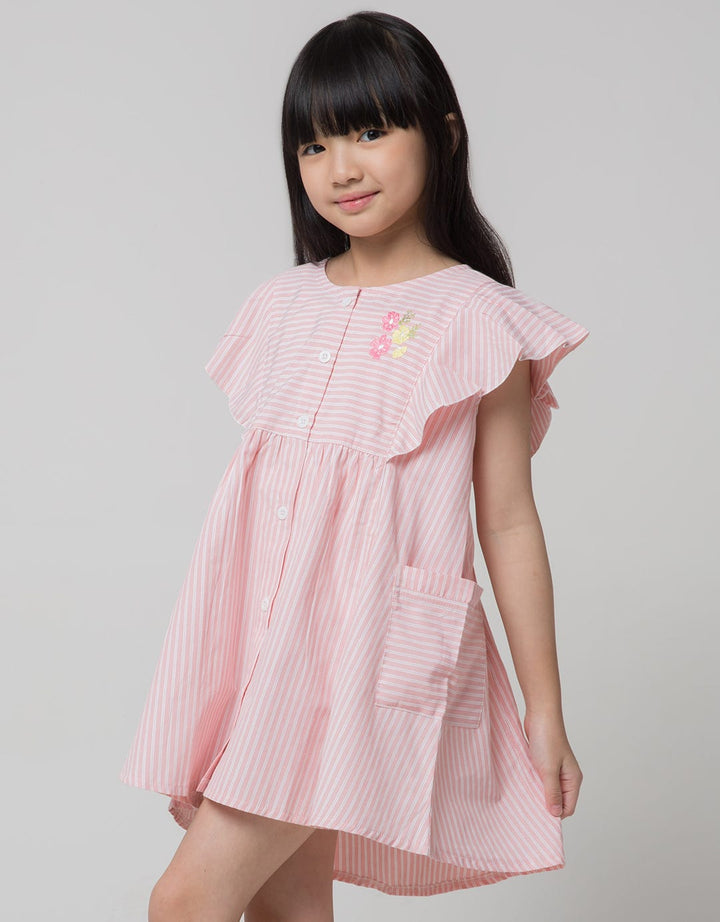 Little M Short Sleeve Midi Dress Ruffle Stripe Floral Embroidery
