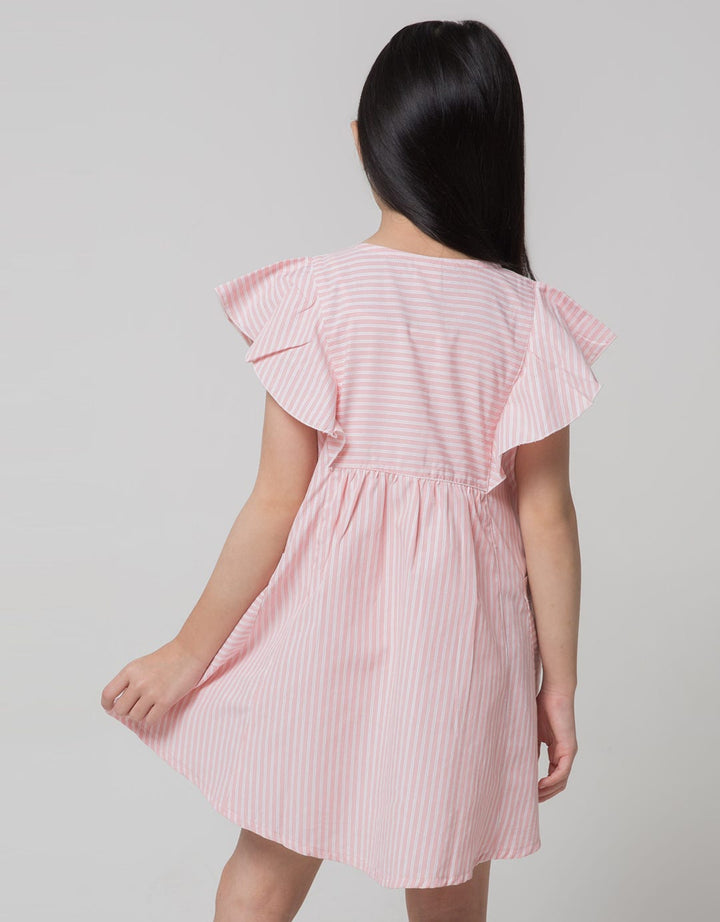Little M Short Sleeve Midi Dress Ruffle Stripe Floral Embroidery