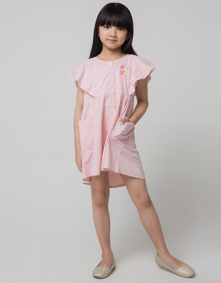 Little M Short Sleeve Midi Dress Ruffle Stripe Floral Embroidery