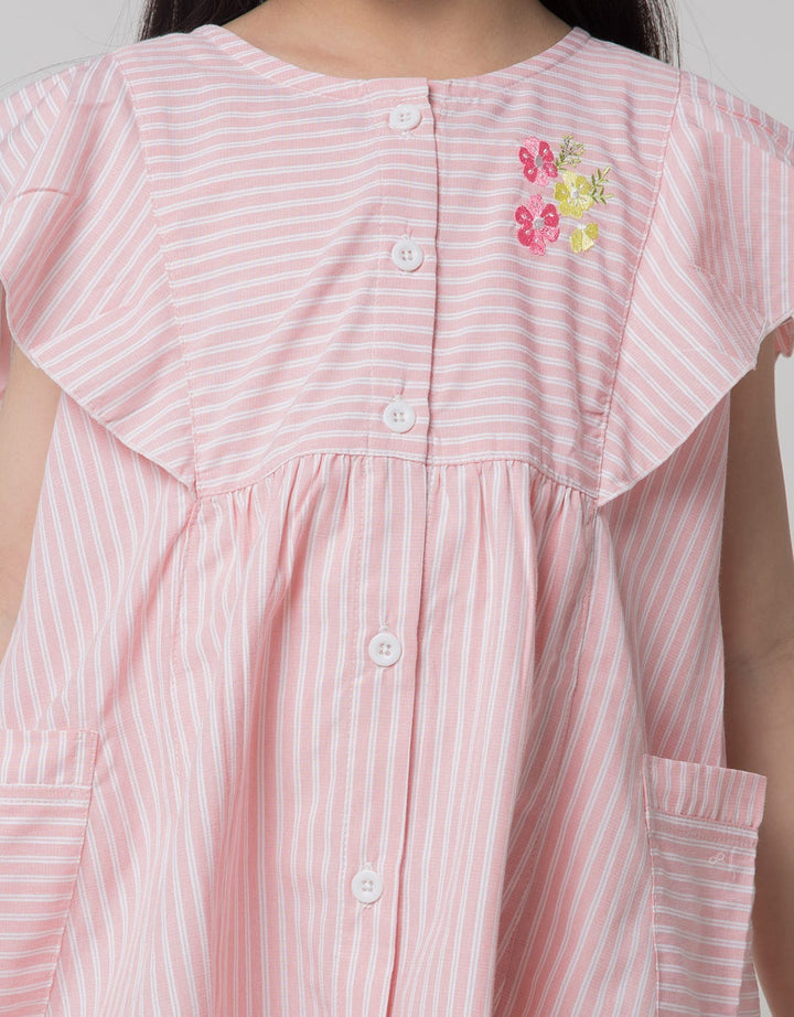 Little M Short Sleeve Midi Dress Ruffle Stripe Floral Embroidery