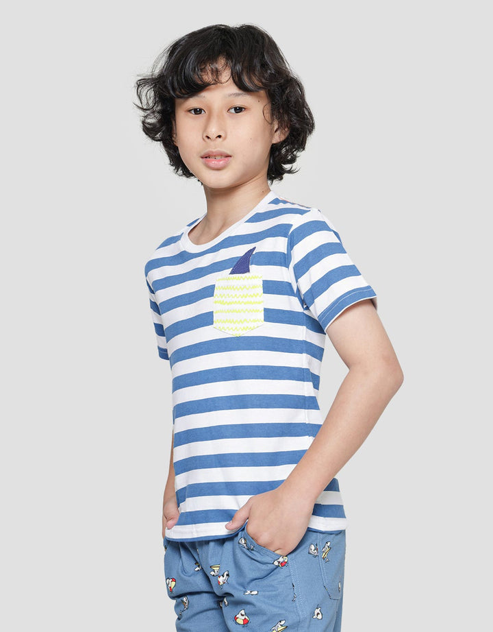 Little M Stripe Pocket Fin Applique Boys Short Sleeve T-Shirt