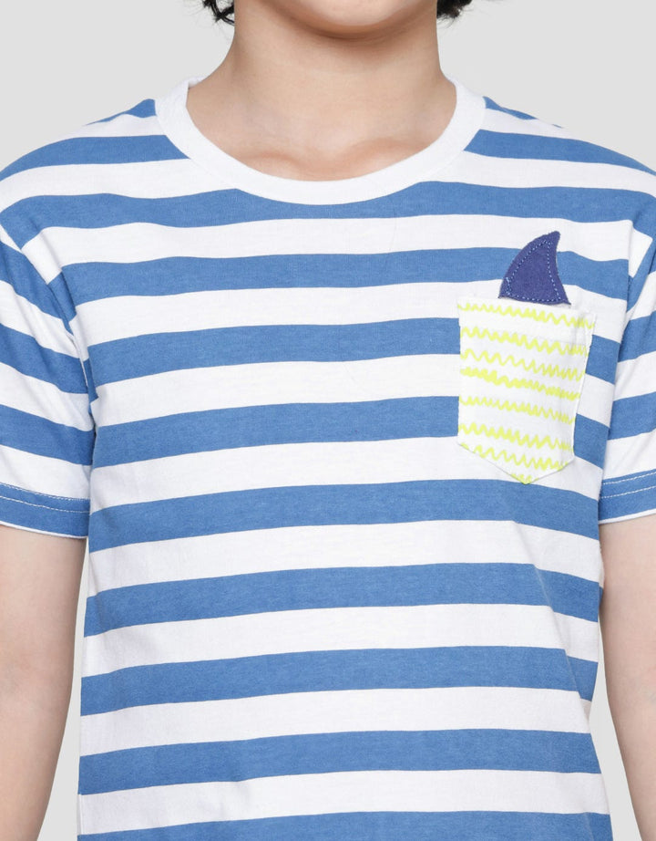Little M Stripe Pocket Fin Applique Boys Short Sleeve T-Shirt