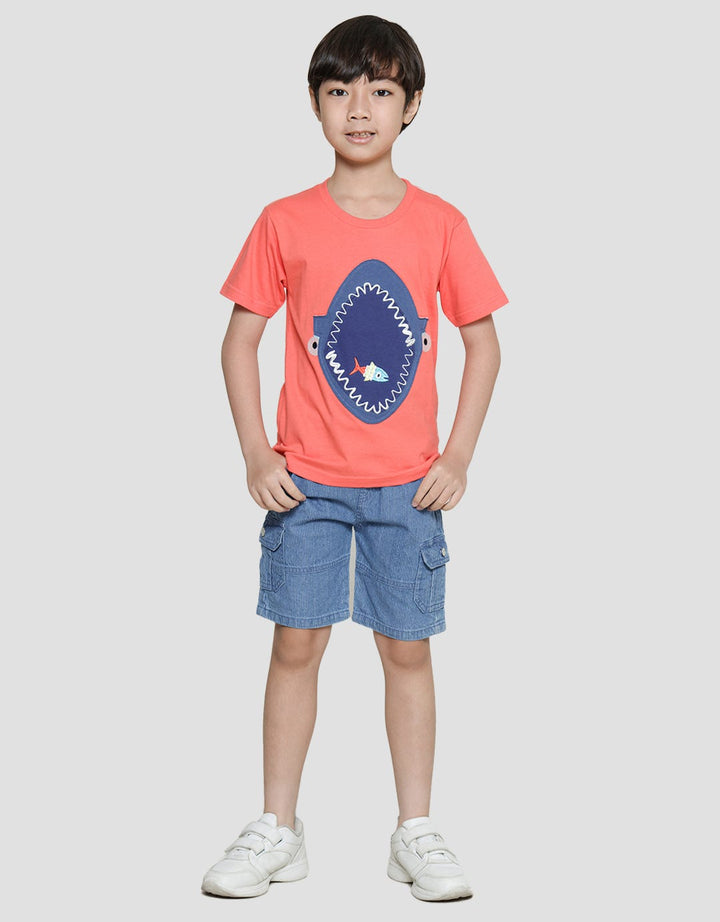 Little M Kaos Lengan Pendek Anak Laki-Laki Print Shark Aplikasi