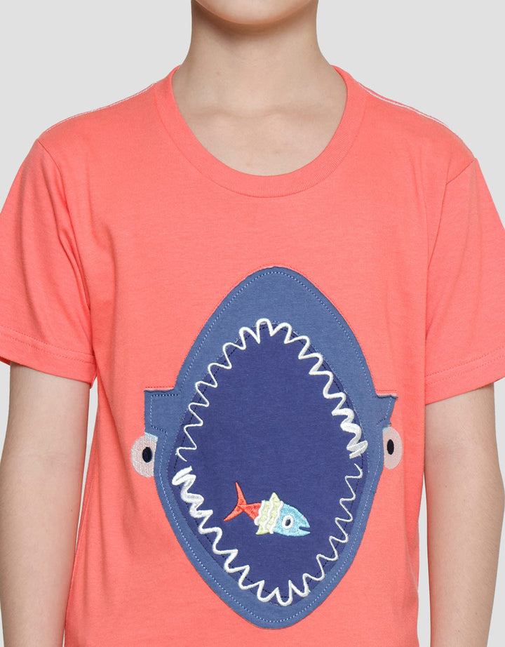 Little M Kaos Lengan Pendek Anak Laki-Laki Print Shark Aplikasi