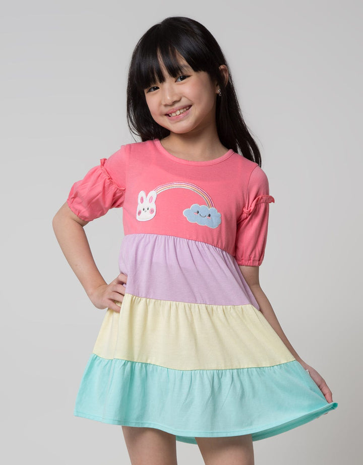 Little M Short Sleeve Midi Dress Tumpuk Lengan Ruffle Rainbow Bunny