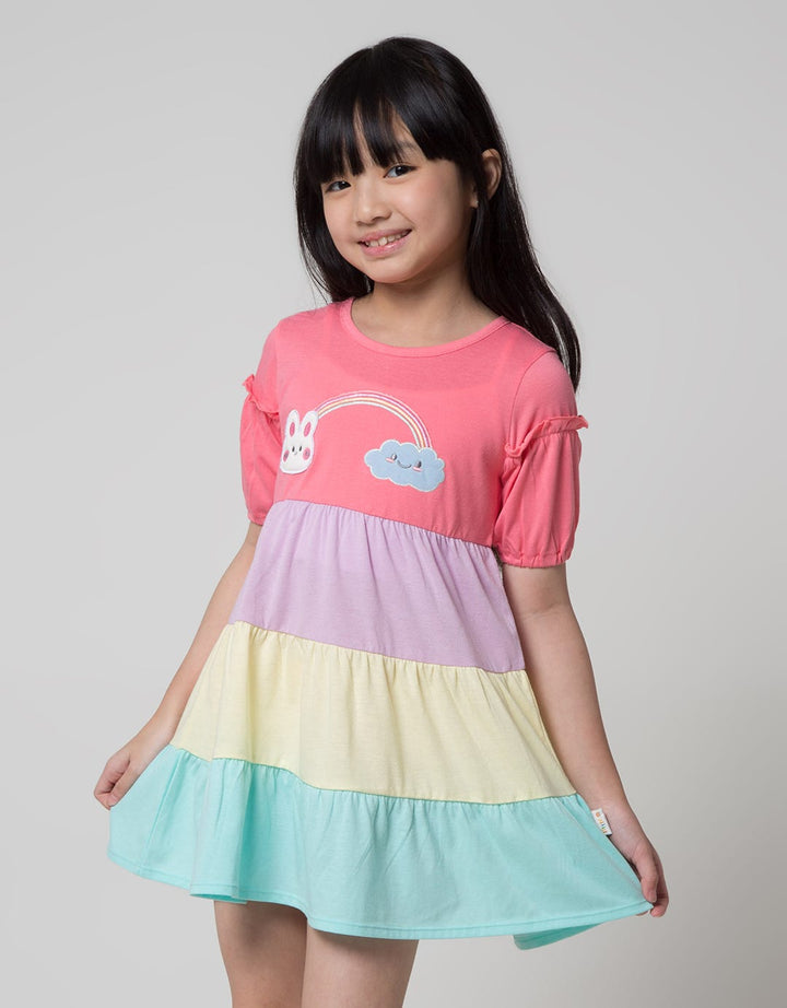 Little M Short Sleeve Midi Dress Tumpuk Lengan Ruffle Rainbow Bunny