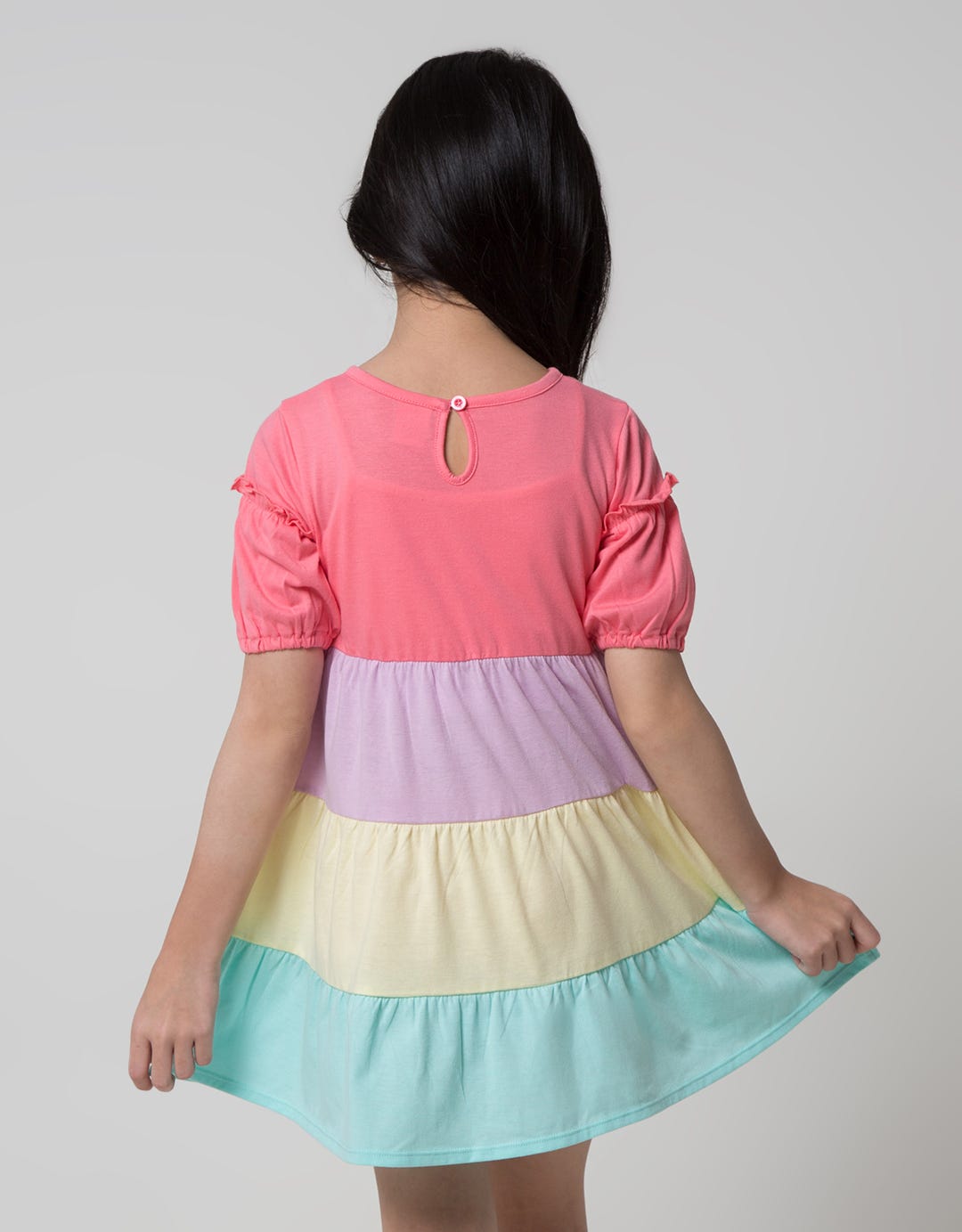 Little M Short Sleeve Midi Dress Tumpuk Lengan Ruffle Rainbow Bunny