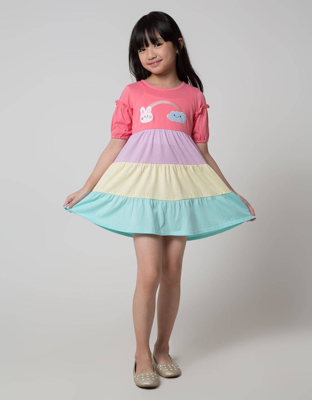 Little M Short Sleeve Midi Dress Tumpuk Lengan Ruffle Rainbow Bunny