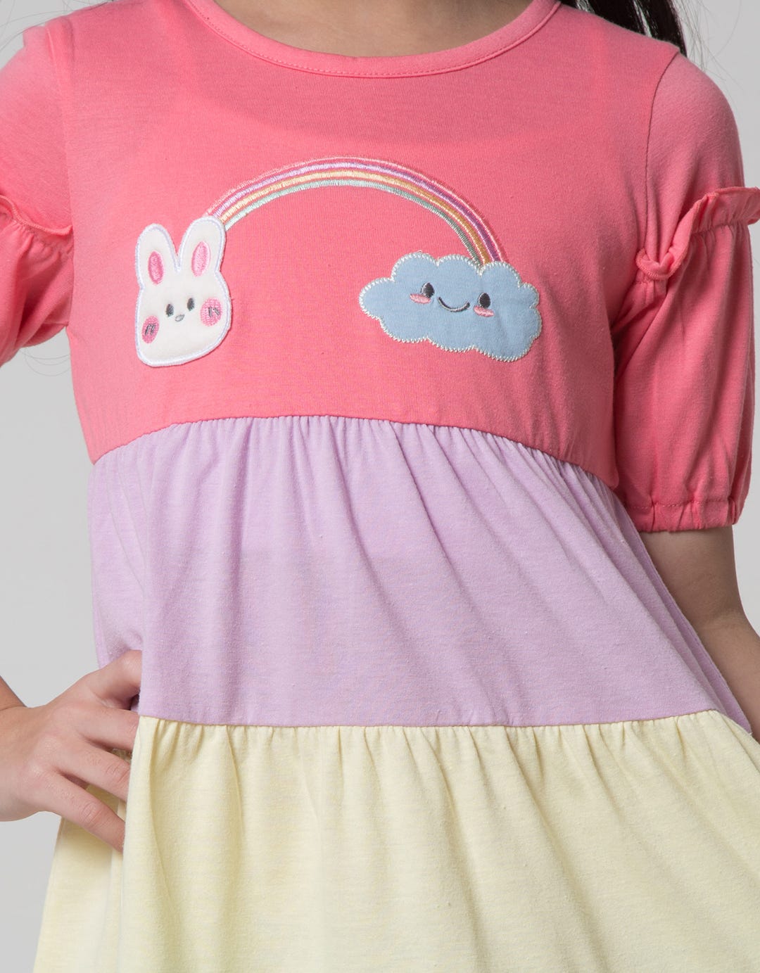 Little M Short Sleeve Midi Dress Tumpuk Lengan Ruffle Rainbow Bunny